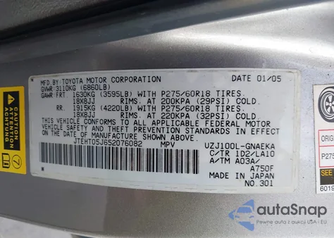 2005 Toyota Land Cruiser V8 from USA, damaged, VIN JTEHT05J652076082